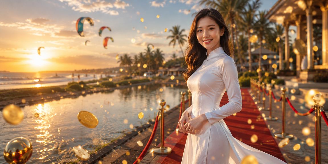 Người chơi tại Mũi Né trong trang phục áo dài nhận thưởng rebate từ jackpot